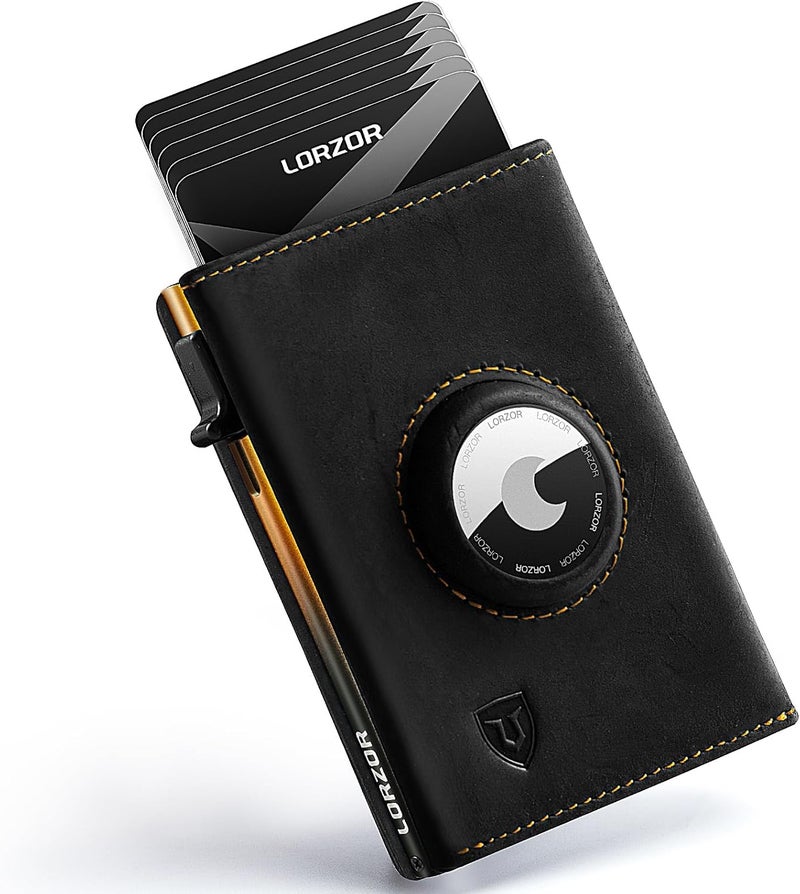 LORZOR AirTag Wallet - Full Grain Leather, Mens Minimalist Wallet with Apple Air Tag Holder, Slim Smart Pop up Card Case, ID Window, RFID Blocking, Front Pocket (AirTag Not Included) - Image 1